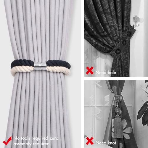 NICEEC Cotton Rope Magnetic Curtain Tiebacks, 4 Pack, Dark Blue & Beige - color: Dark Blue & Beige, size: 4 Pack