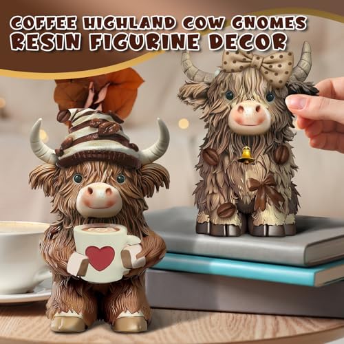 2 Pack Resin Highland Cow Figurine Gifts, Coffee Theme Decor - style: Coffee