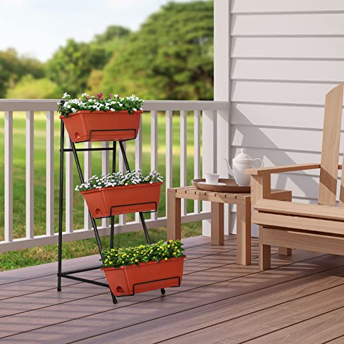 Vertical Raised Garden Bed Outdoor 3 Tiered Garden Planters Standing Elevated Planter Box with Drainage Holes for Plants Herbs Flowers Vegetables Brick Red - color: Brick Red