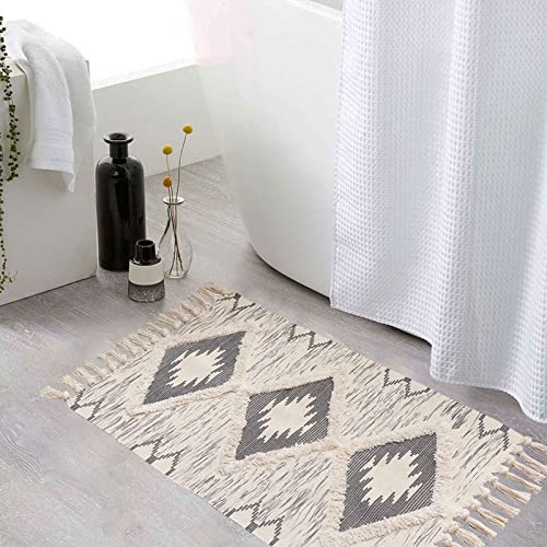 Boho Bathroom Rugs 2x3ft Farmhouse Bath Runner Rug, Small Tufted Cotton Accent Floor Mat with Tassels, Grey - color: Grey, size: 2' x 3' (Runner)