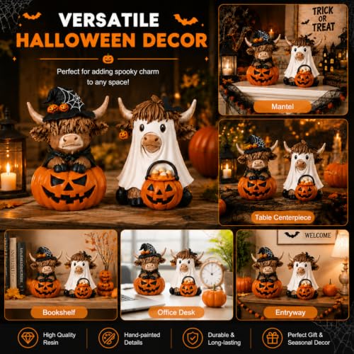Karenhi 2 Pcs Halloween Highland Cows Figurines Resin, Pumpkin Decor - style: Ghost