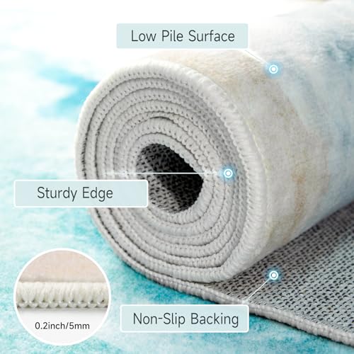 Beach Pattern 2.6x10ft Runner Rug Non Slip Washable Kitchen Runner Rug with Rubber Backing,Low-Pile Soft Washable Runner Rugs for Hallway Entryway Kitchen Bedroom Living Room Bathroom - color: Light Blue Beach, size: 2'6''x10'