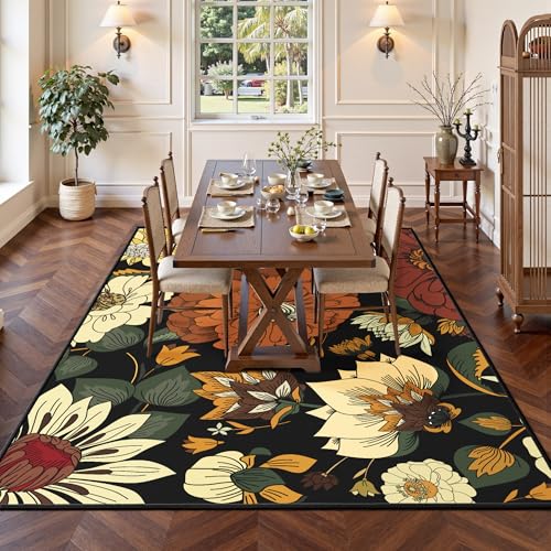 Tyrot Black Boho Floral 5x7 Area Rug, Washable Mid Century Modern Style - color: Warm Ember, size: 5' x 7' (Rectangular)