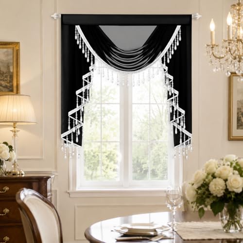 VOGOL Sheer Waterfall Valance with Beaded Tassels, 39 x 43, 1 Panel, Black - color: Black, size: 39"W x 43"L (Pack of 1)