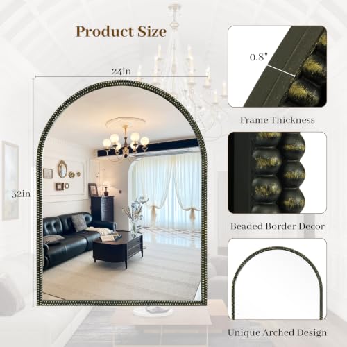 HOMECOOKIN Black Vintage Arched Mirror, 32x24 Inch Vanity Wall Mirror with Antique Metal Beaded Ornate Frame, Baroque Decorative Mirror for Bathroom, Living Room, Fireplace, Entryway - color: Black-a, size: 32"L x 24"W