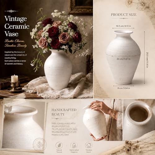 Ceramic Flower Vase with Handles, 11.8 Inch Plain Tall Farmhouse Rustic Vintage Home Wabi-sabi Vase for Living Room, Table Centerpieces, Coffee Desk, Dining and Fireplace Decor - size: 11.8 Inches, style: Plain