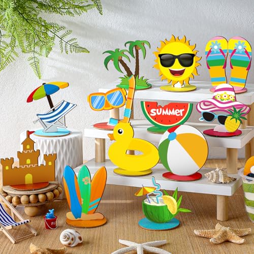 Marsui 12 Pcs Summer Wooden Table Decorations Tropical Beach Centerpieces - style: Summer