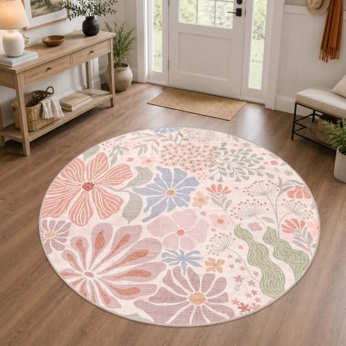 MUJOO Round Rug 4ft Small Circle Area Rug Washable Non Slip Floral - color: Pink, size: 4' (Round)
