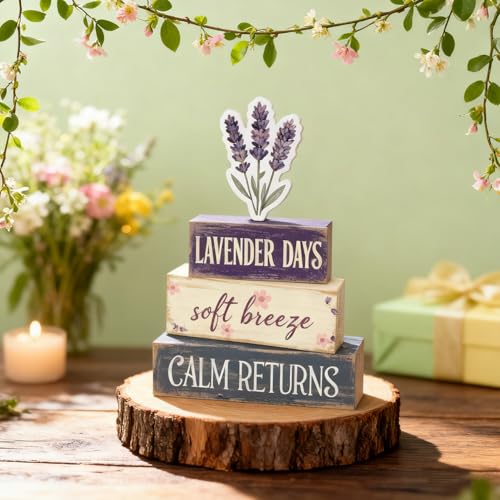 Spring Decoration For Home Wooden Lavender Tiered Tray Decor Rustic Spring Block Sign with Lavender Farmhouse Tabletop Spring Decor Centerpiece for Tables Seasonal Home Easter Decor - style: Lavender