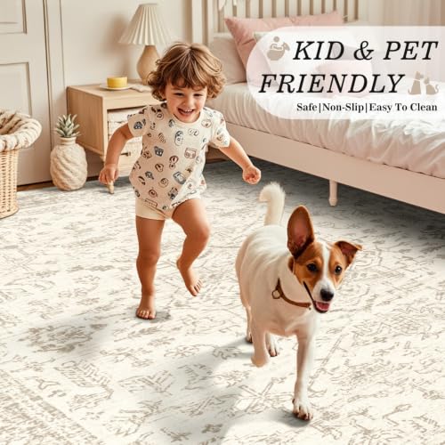 nesrt 5x7Ft Vintage Washable Area Rugs for Living Room, Beige Color Boho Low Pile Non-Slip Large Bedroom Rug, Traditional Neutral Floor Carpets for Dining Room Kids Nursery Playroom Farmhouse Decor - color: Beige, size: 5' x 7' (Rectangular)