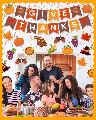 Kidific 45 Pcs Thanksgiving Decorations, GIVE THANKS Banner with Hanging Swirls for Indoor Wall, Friendsgiving Decorations for Party Office Home Classroom