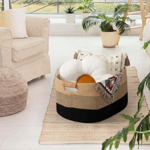danpinera Large Blanket Basket for Living Room,72 L Rectangle Toy Storage Basket for Nursery Room, Woven Rope Storage Box with Leather Handle, 22’’*17’’*11.8’’, Gradient Linen - color: Gradient linen, size: 72L