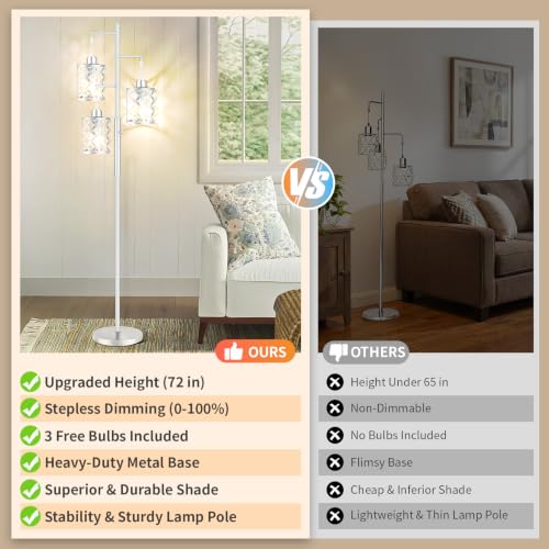72" Modern Tree Floor Lamp, Dimmable Minimalist Tall Standing Lamp with Metal Cages & Rotary Dimmer Knob, Corner Decor Lighting for Living Room Bedroom Cafe, 3 x 800LM Bulbs Included-Silver - color: Silver (800LM), size: 72"