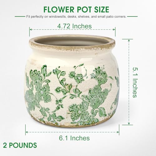 Flower Pots Planters for Indoor Plants Ceramic Plant Pots with Drainage 6.1 Inch Vintage Ceramic Pots for Plants Outdoor Home Garden Decor, Crackled Green Peony - color: Crackled Green Peony