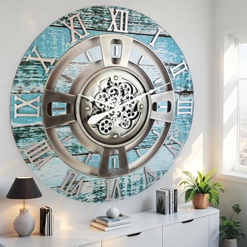 ImprovingLife The Gears Clock Real Moving Gear Wall Clock England Line (Aqua Green, 36 inches (90 cm)) - color: Aqua Green, size: 36 inches (90 cm)