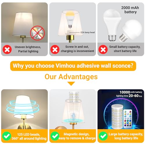 Vimhou Peel and Stick Wall Sconces, Stick On Wall Sconce Set of 2, Battery Operated Wireless Wall Light, No Drill Adhesive Wall Lamp, Corn Bulb with 10000mAh Rechargeable Battery, Bedroom Wall Decor - color: Gold, size: 11.8inch