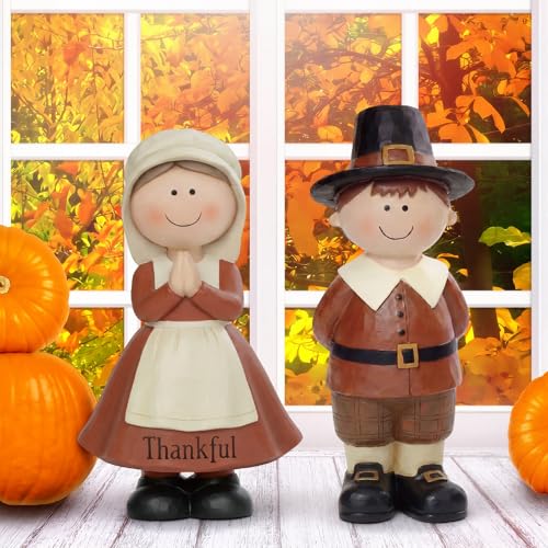 Yuntau 2 Pcs Thanksgiving Pilgrim Figurines Wooden Pilgrim Table Decoration Small Statue Table Centerpieces Indoor Gifts for Fall Thanksgiving Harvest Home Shelf Mantel Tiered Tray Desk Party Supplies - style: Thanksgiving Pilgrim