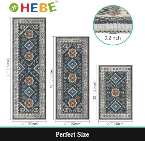 HEBE Boho Kitchen Rugs Set of 3, Non Slip Washable Kitchen Mats for Floor - color: Blue, size: 20"x32"+20"x48"+20"x59"