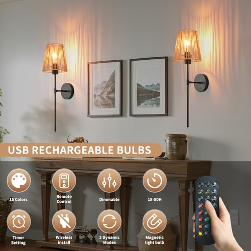 Battery Operated Wall Sconces Set of two, Black Rattan Shade Wireless Wall Lights with Remote Rechargeable Bulbs, 15 Colors and Dimmable, Cordless Battery Powered Wall Lamp for Living Room Bedroom - color: Black 24.4 Inch