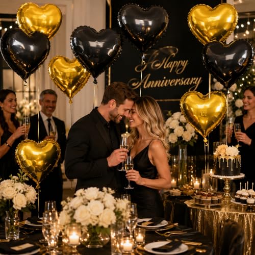 Black Gold Heart Foil Balloons,12Pcs 18Inch Heart Shaped Balloons - color: Black Gold