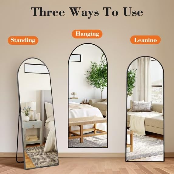 Black Arched Full Length Mirror, Modern Shatterproof Aluminum Alloy Body Floor , 3 Ways To Use Freestanding Leaning Wall Mount Vanity For Bedroom Living Room Entryway Home Decor(ARCHED_58"X19")