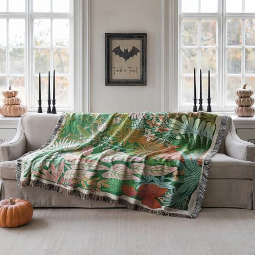 JQZ Tropical Botanical Throw Blanket, Woven Tapestry with Fringe, Colorful Jungle Foliage Design, Green Pink Orange