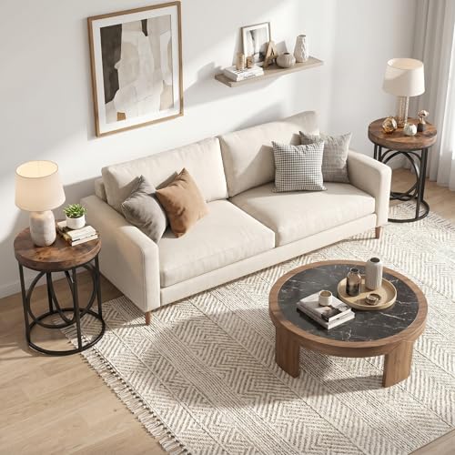 LITTLE TREE 20” Round End Table with Thick Wood Top,Modern Sofa Side Table with Gold O-Shaped Base, Midcentury Accent Table Cocktail Table Nightstand for Living Room Bedroom - color: Rustic Brown+black