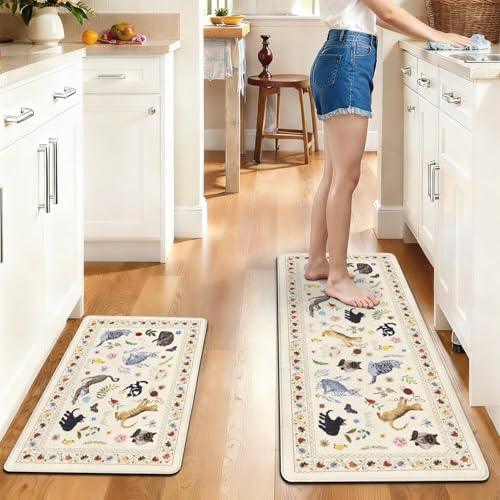 Boho Cushioned Anti Fatigue Mats for Kitchen Floor,Farmhouse Beige Floral Animal Cat Non-Slip Water Resistant Runner Comfort Foam Standing Rugs Non Skid for Home Sink,Office,Laundry 17"x47"+17"x30" - color: 2026 Anti Fatigue Mats 1 Beige