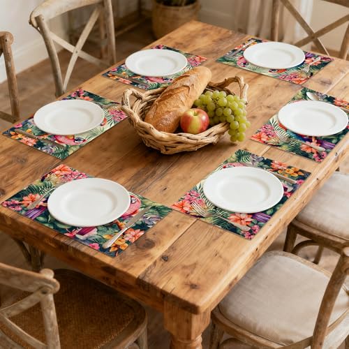 Placemats Set of 6, Tropical Parrot Forest Linen Placemats 12x18 Inch, Heat Resistant Table Mats, Washable Non Slip Place Mats for Dining Table Kitchen Home - color: Tropical Parrot Forest