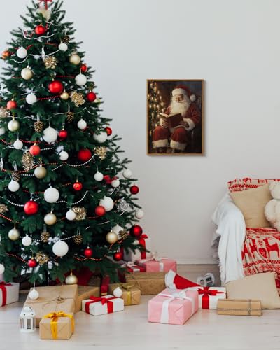 ARPEOTCY Framed Canvas Wall Art, Vintage Christmas Decor, Living Room Retro Santa Picture, Home Winter Decor for Bedroom Bathroom, Cottagecore Xmas Holiday Decorations Gifts, 12x16 Inch - color: Santa Reading Book, size: 16"L x 12"W