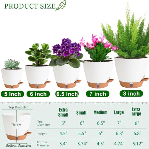 Self Watering Pots for Inoor Ourdoor Plants 8/7/6.5/6/5" Plastic Planters - color: White, size: 8/7/6.5/6/5 Inch