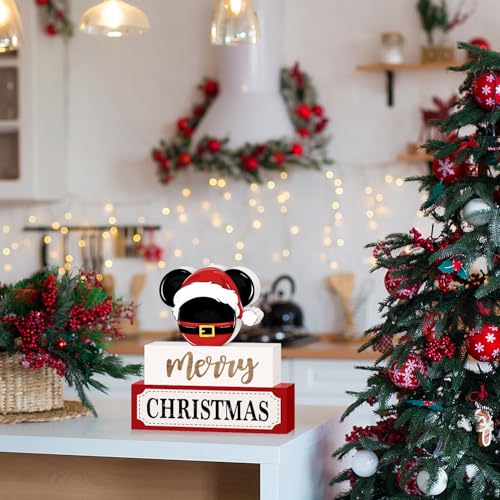 Christmas Wooden Table Signs, Mouse Shaped Merry Christmas Tiered Tray Decor Wood Blocks Decorative Tabletop Sign, Farmhouse Winter Holiday Decor for Home Mantle Shelf Decorations 3 Layered