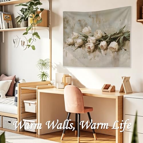 WDSFHYJK Vintage White Tulip Flower Tapestry Wall Hanging, Cottagecore Neutral Floral Botanical Wall Tapestry Backdrop for Bedroom Living Room Home Decor, 50x60 Inch - color: Many colors-Vintage White Tulip Flower