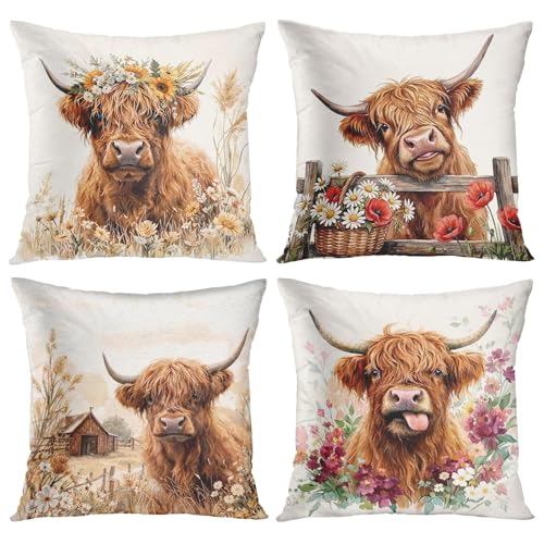 Throw Pillow Covers, Highland Rustic, Set of 4, 18"x18" - color: Highland Cow 2