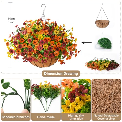 Artificial Fall Hanging Flowers Basket, UV Resistant Mums for Outdoors - color: Orange Brown Yellow