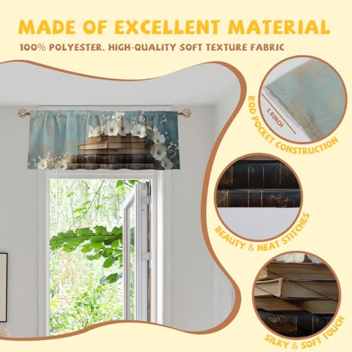 Vintage Book Curtain Valance for Windows 2 Pack Oil Painting Retro Flower Watercolor Rod Pocket Window Treatments Short Curtains for Kitchen Windows Bathroom Bedroom 54x18 Inch - color: Vintage Book