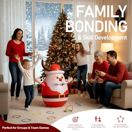 Inflatable Santa Reindeer Ring Toss Game with Wobbling Punching Bag, Christmas Party Game for Kids and Adults, Holiday Decoration