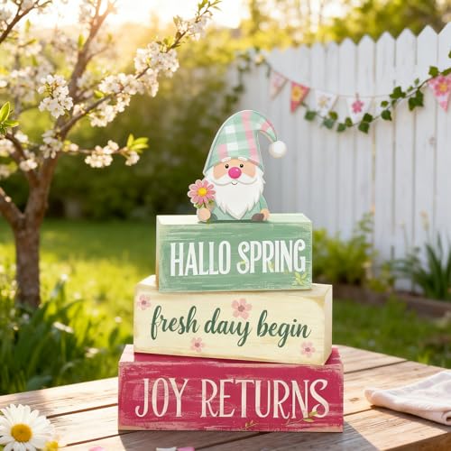 Spring Decoration Wooden Tiered Tray Decor – Rustic Hallo Spring Stacked Block Sign with Spring Gnome Topper – Farmhouse Tabletop Spring Decor for Living Room Shelf Kitchen Seasonal Home Display - style: Gnome