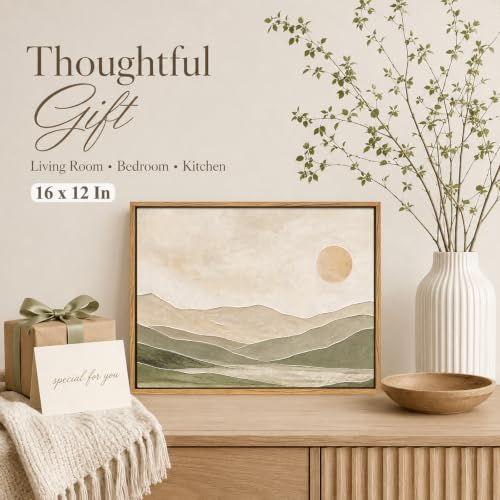 SPIGETO Framed Sage Green Abstract Landscape Mountain Sun Wall Art, 16x12 - color: SUN, size: 16"L x 12"W