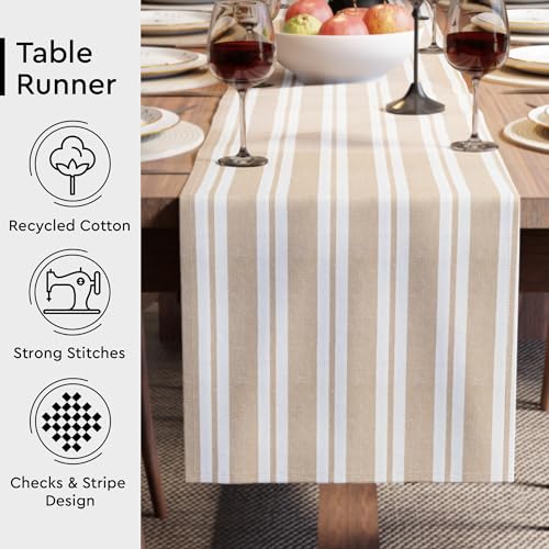 Encasa XO Table Runner, Woven Cotton Dining Linens 13"x72" Beige - color: Franca Beige Stripes, size: 13x72 in