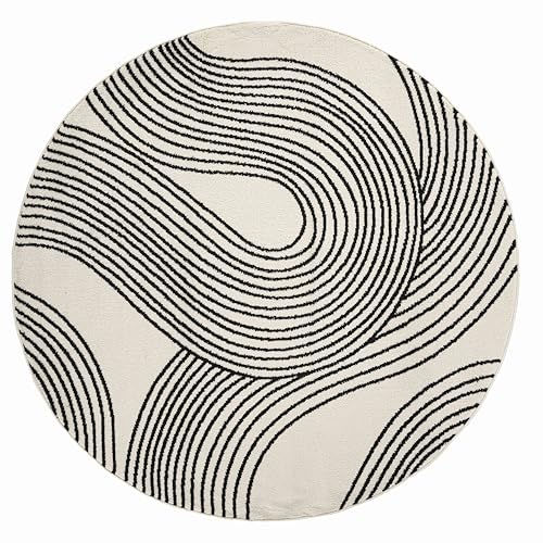 Abani Nuevo Beige Black Swirls Modern Area Rug 6' Round for Living Room, Bedroom - Abstract Design - Durable & Easy to Clean - color: Cream, size: 6' (Round)