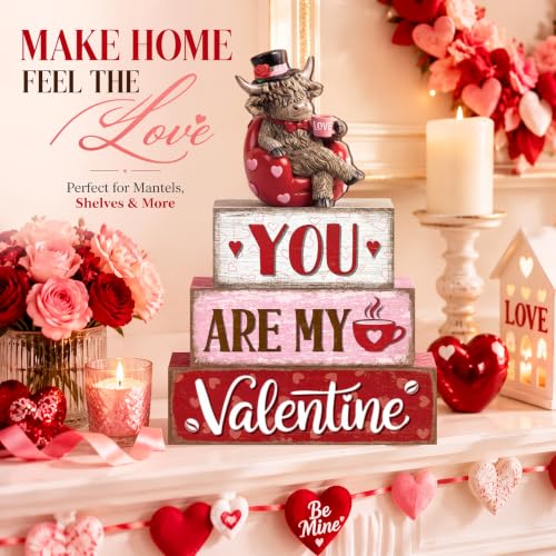 Yousoontic Valentine's Day Highlandcow Block Sign Rustic Tiered Tray Decor - style: Valentine's Day Highlandcow