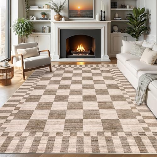 GarveeHome 8x10 Area Rugs Geometric Washable Modern Brown Checkered Rug - color: Brown, size: 8' x 10' (Rectangular)