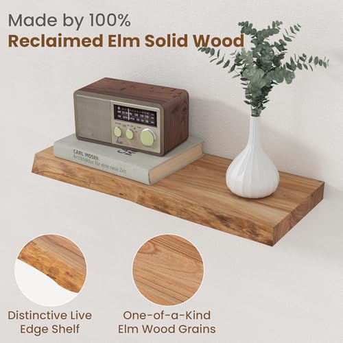 Floating Shelves for Wall, Solid Elm Wood Shelves, 20in Set of 2, Natural - color: Natural, size: Live Edge, 20inch, 2Packs