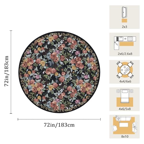 Washable 6ft Round Area Rug, Navy Boho Floral Non-Slip for Living Room - color: Dark Navy, Dusty Rose, Mustard and Blue Grey, size: 6' (Round)