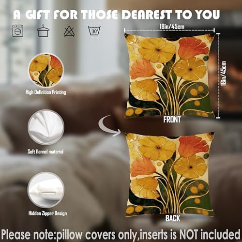 Retro Boho Floral Pillow Covers 18x18, Mid Century Modern Mustard Yellow Flower Botanical Decorative Throw Pillow Covers Pillowcases for Home Living Room Bedroom - color: Green & Orange 10, size: 18" x 18" (Pack of 1)