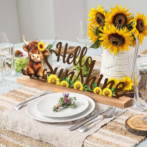 MiniInflat Sunflower Highland Cow Table Decor Hello Sunshine Metal Sign - style: Hello Sunshine