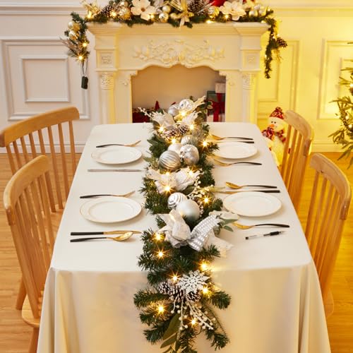 LinTimes 6 FT Pre-Lit Christmas Garland, Silver Lighted Xmas Garland with 20 LED Lights with Timer for Mantle Staircase Table, Winter Garland with Ribbon, Xmas Balls, Snowflake, Battery Operated