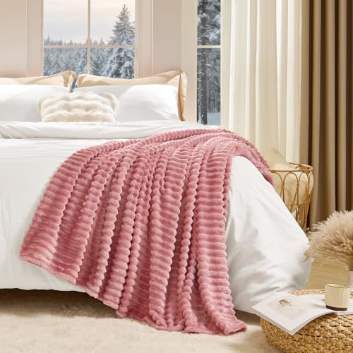 BEDELITE 3D Ribbed Jacquard Pink Fleece Throw Blanket for Couch, 50x70 Inch - color: Dusty Pink, size: Throw XL(50"x70")