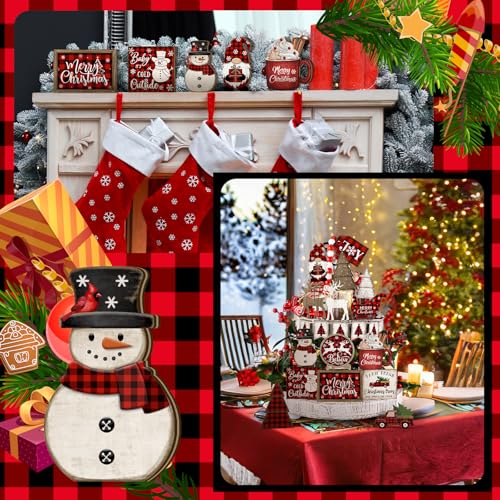 Shellwei 21 Pcs Christmas Tiered Tray Decor Set Wood Rustic Buffalo Plaid Christmas Decoration Winter Farmhouse Decor Xmas Trees Gnome Elk Snowflake Signs for Table Shelf Home Centerpiece (Plaid) - style: Plaid